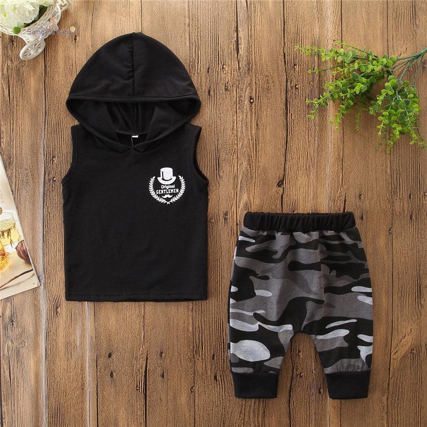 2PCS Toddler Kids Baby Boy Sleeveless Hooded Clothes T-shirt Tops Camo Pants Outfits - Babyzy