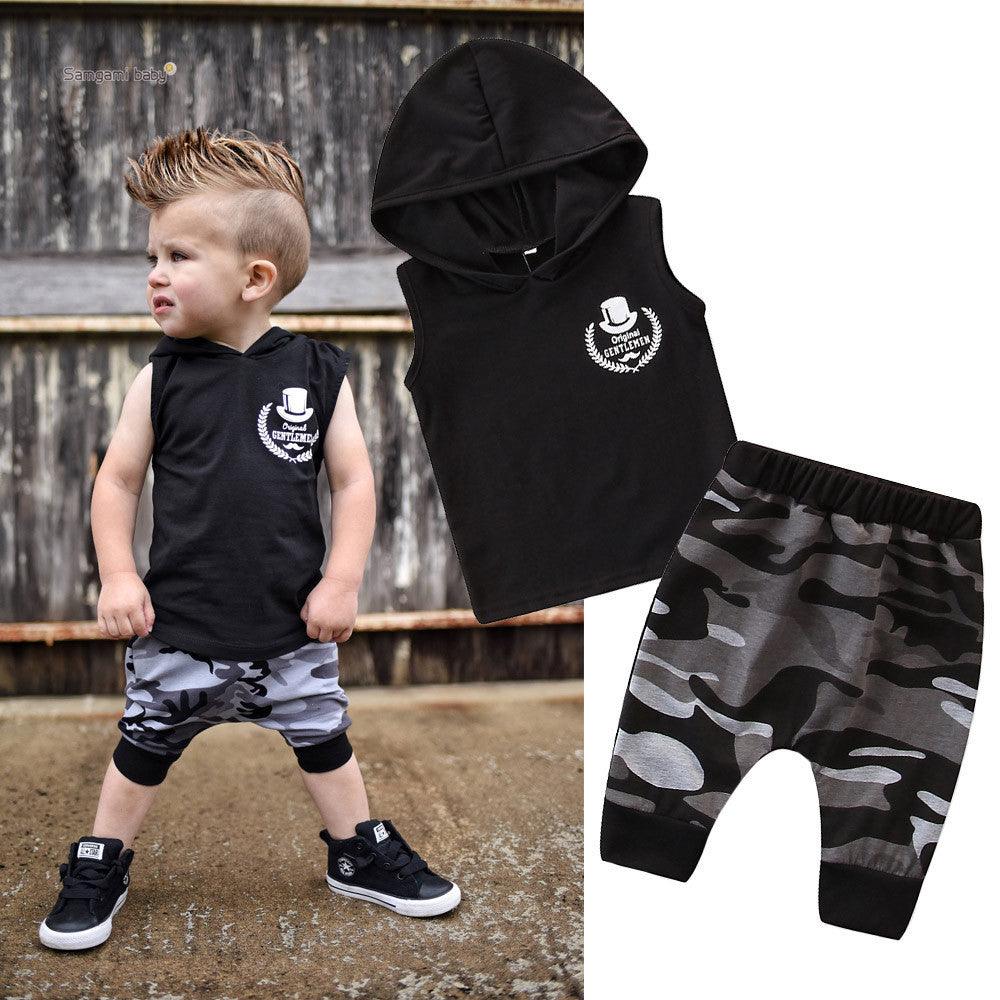 2PCS Toddler Kids Baby Boy Sleeveless Hooded Clothes T-shirt Tops Camo Pants Outfits - Babyzy