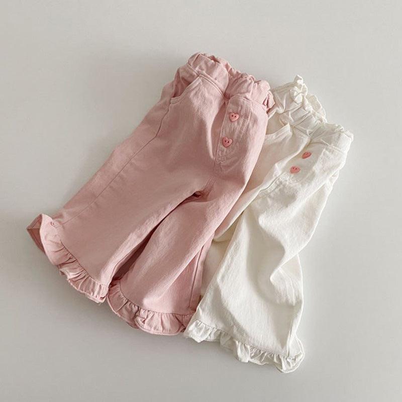 Spring Baby Girls' Retro Wooden Ear Casual Lace Wide-leg Pants Children Fashion Pants - Babyzy