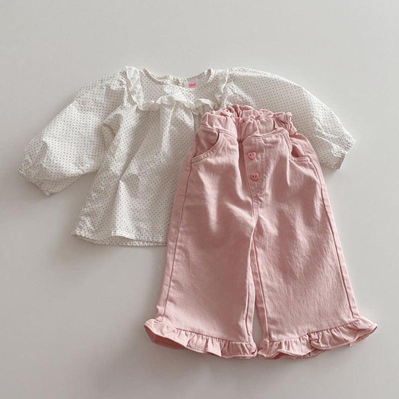 Spring Baby Girls' Retro Wooden Ear Casual Lace Wide-leg Pants Children Fashion Pants - Babyzy