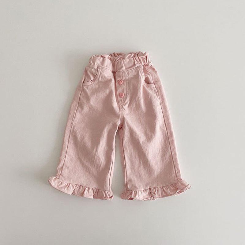 Spring Baby Girls' Retro Wooden Ear Casual Lace Wide-leg Pants Children Fashion Pants - Babyzy