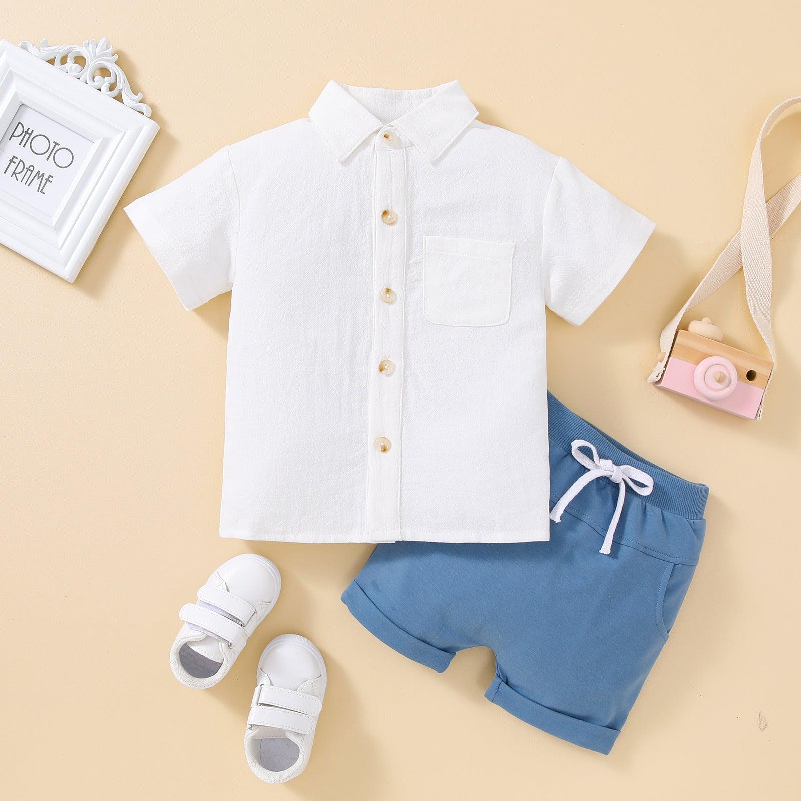 👦 Everyday Classic Set – Boys’ Short-Sleeved Shirt & Solid Shorts (2-Piece Outfit) - Babyzy