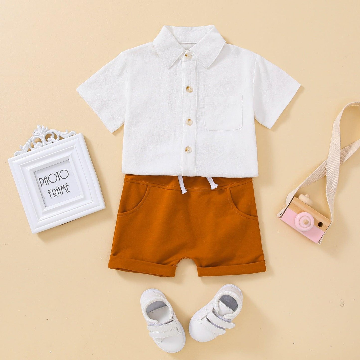 👦 Everyday Classic Set – Boys’ Short-Sleeved Shirt & Solid Shorts (2-Piece Outfit) - Babyzy