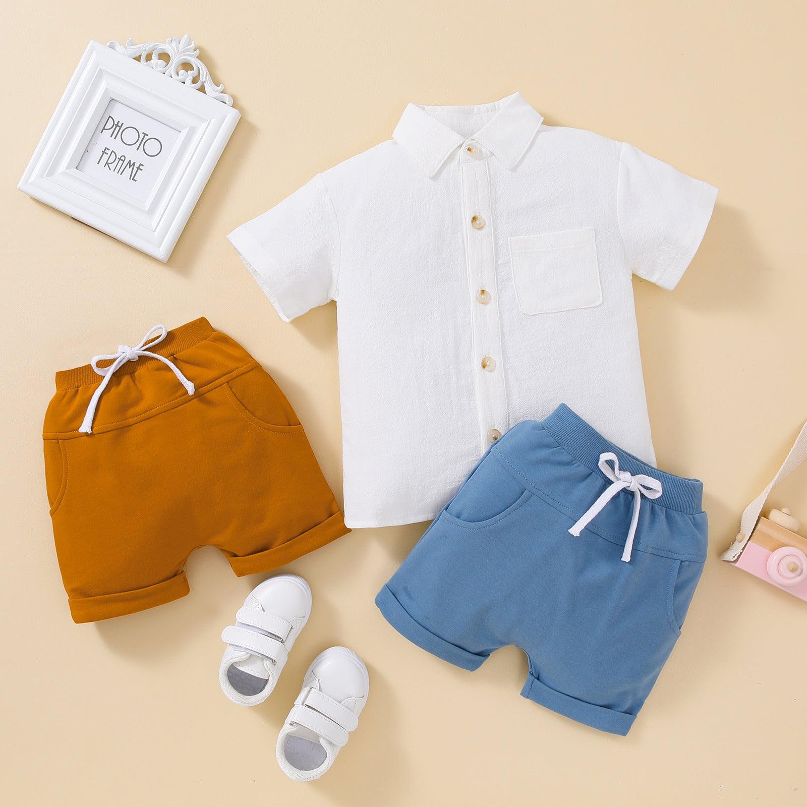 👦 Everyday Classic Set – Boys’ Short-Sleeved Shirt & Solid Shorts (2-Piece Outfit) - Babyzy