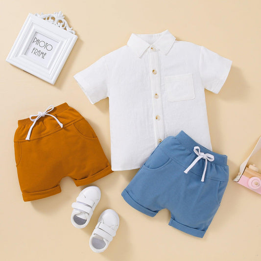 👦 Everyday Classic Set – Boys’ Short-Sleeved Shirt & Solid Shorts (2-Piece Outfit) - Babyzy