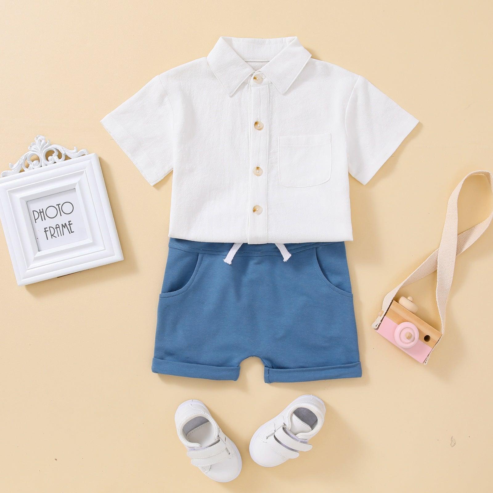 👦 Everyday Classic Set – Boys’ Short-Sleeved Shirt & Solid Shorts (2-Piece Outfit) - Babyzy
